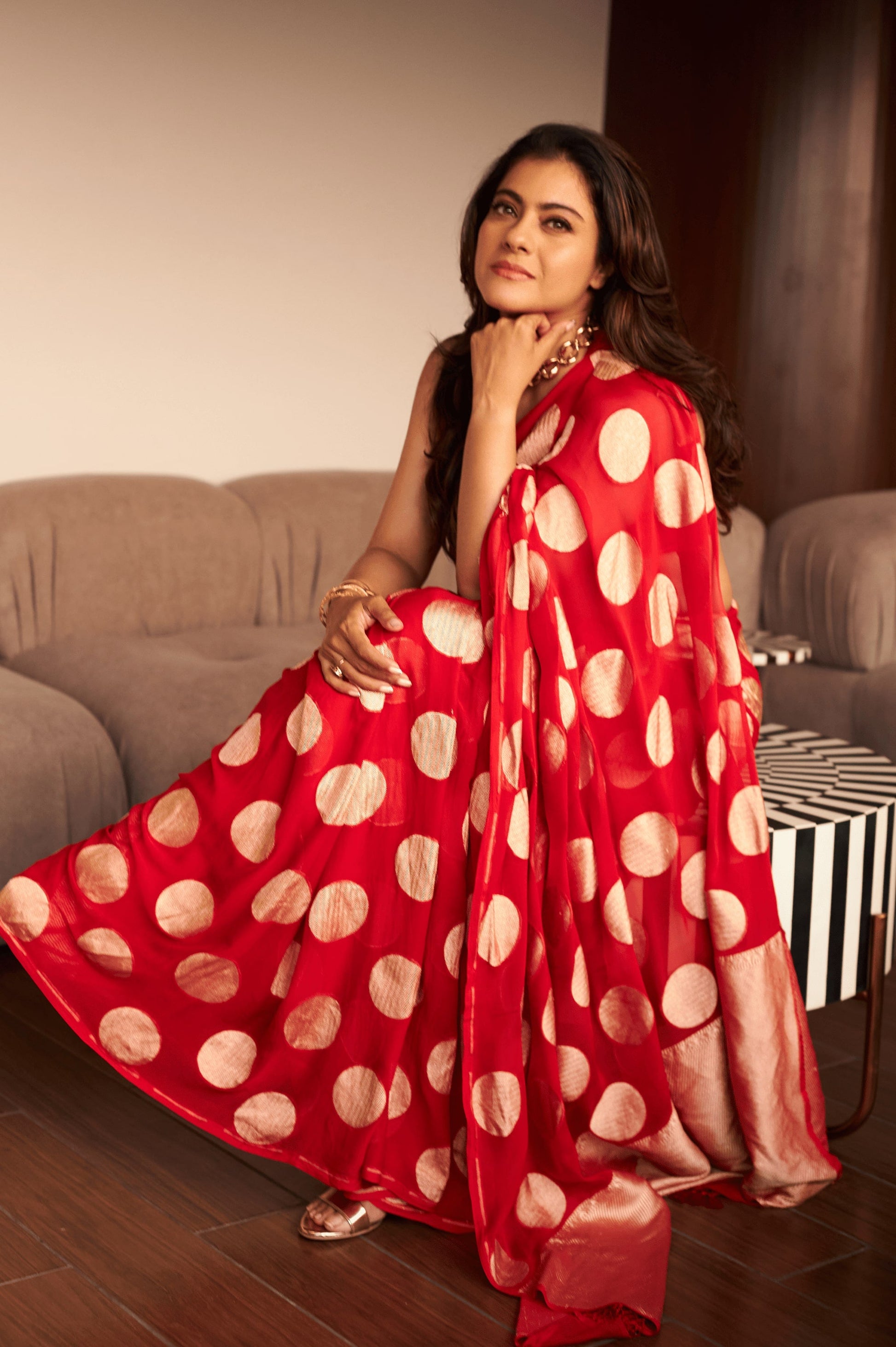 actress Kajol in Handwoven Red Georgette Sari banarsi saree