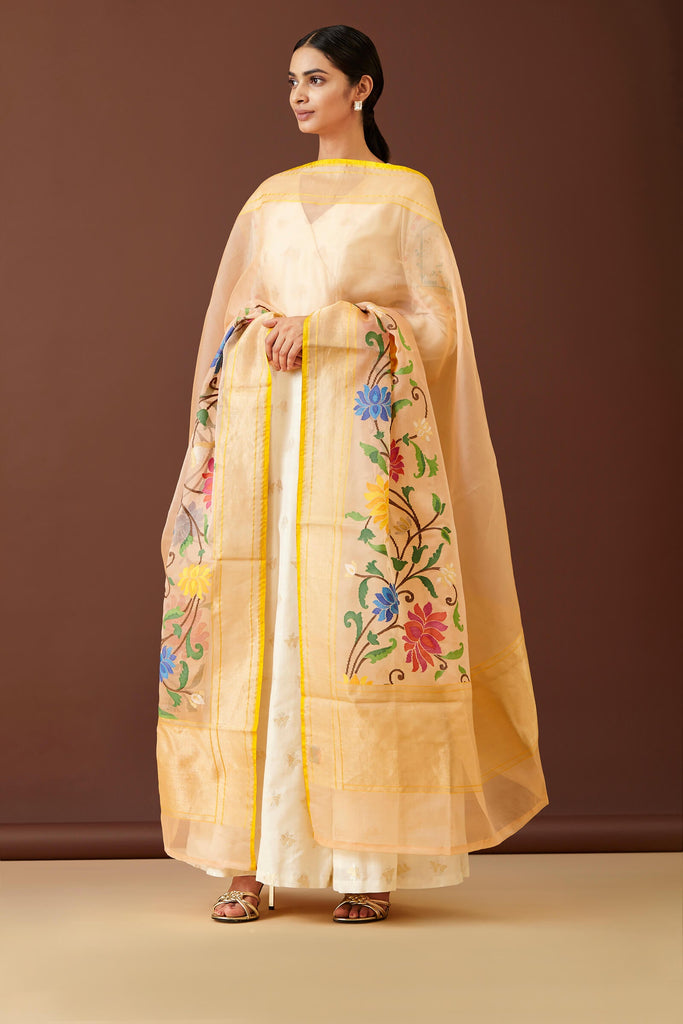 Handwoven Peach Organza Dupatta