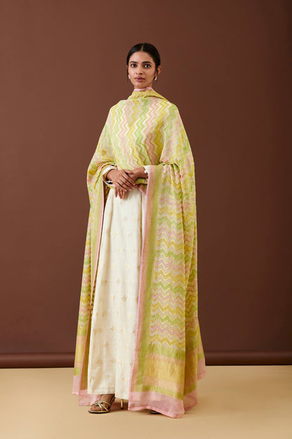 Handwoven and Hand-painted Green Striped Georgette Dupatta