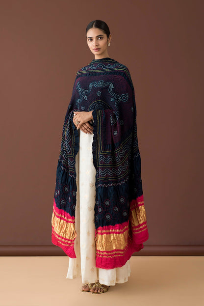 Handwoven Dark Navy Bandhani Dupatta with Red and Zari Border