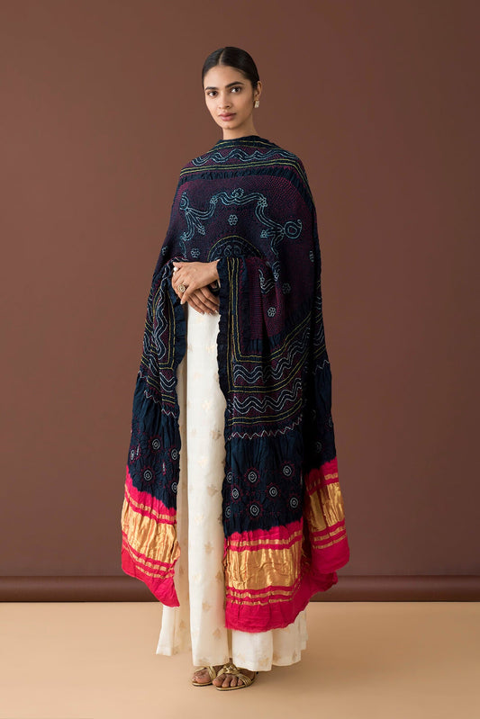 Handwoven Dark Navy Bandhani Dupatta with Red and Zari Border