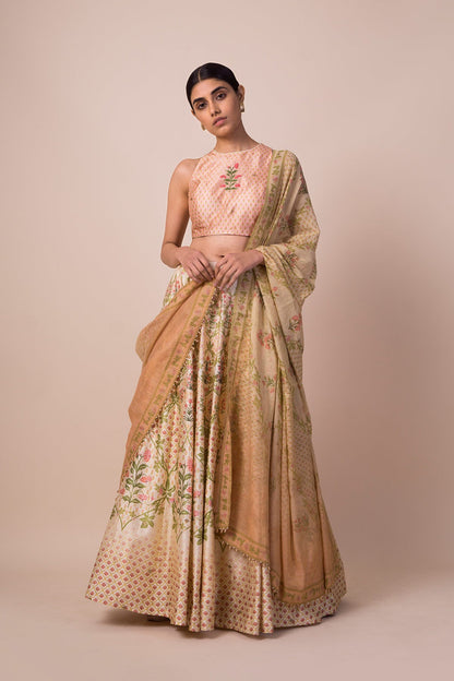 Handwoven Ivory Digital Printed Silk Lehenga