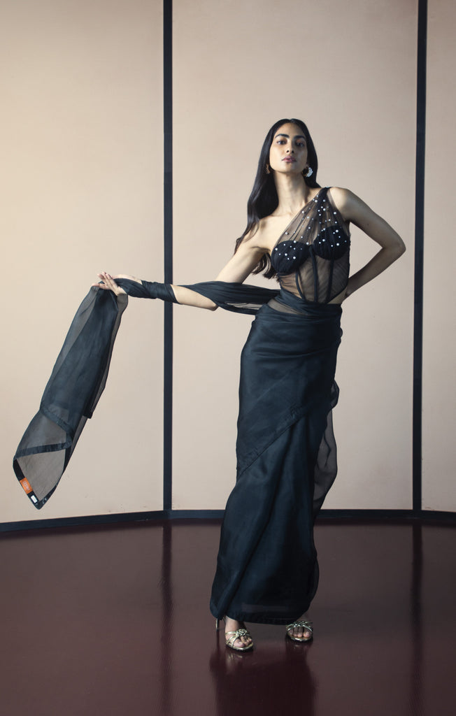 Alaya F In Handwoven Charcoal Black Organza Saree