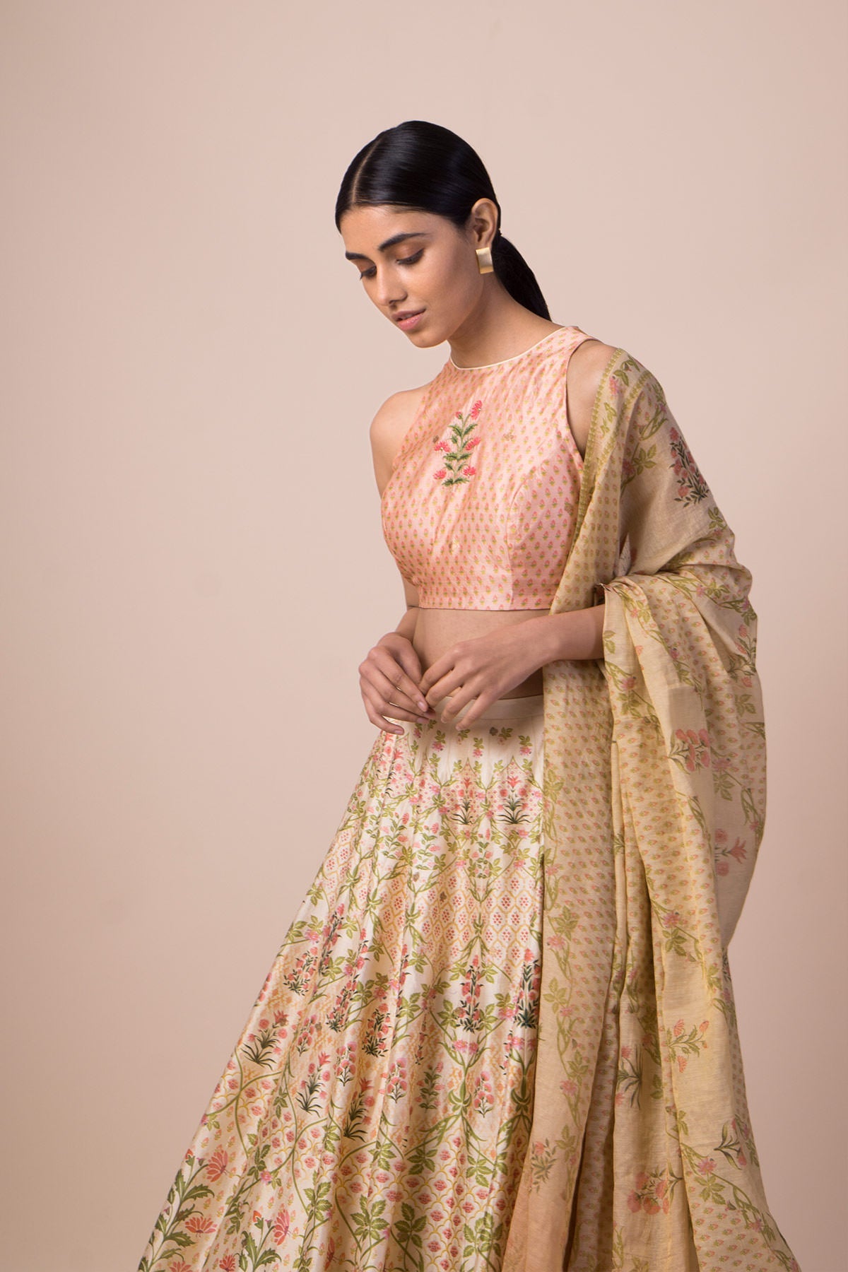 Handwoven Ivory Digital Printed Silk Lehenga