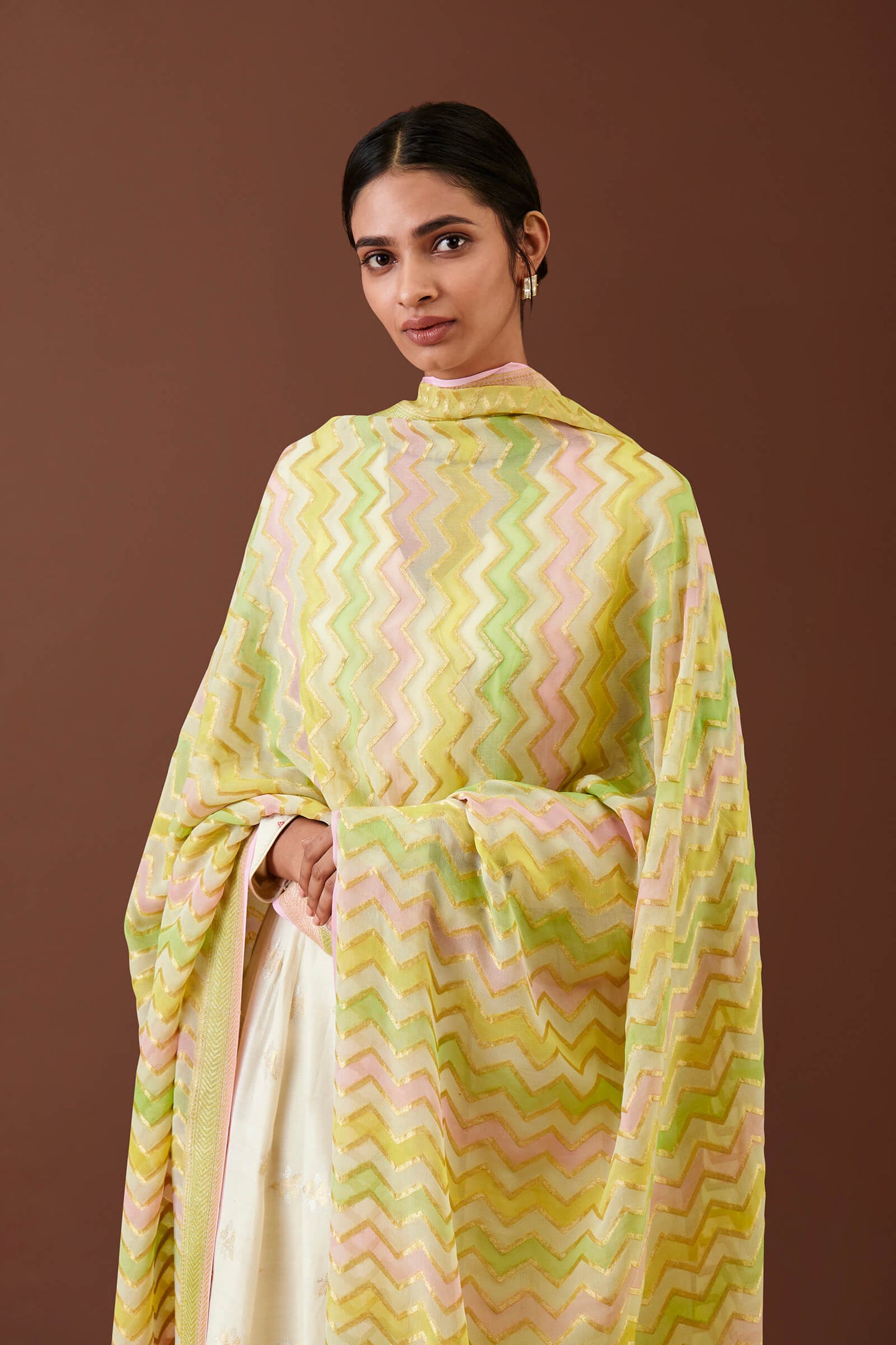 Handwoven and Hand-painted Green Striped Georgette Dupatta