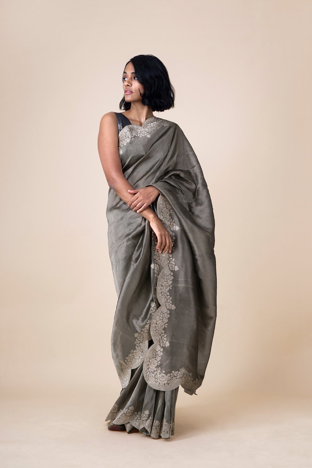 Samantha In Handwoven Slate Grey Tissue Silk Sari