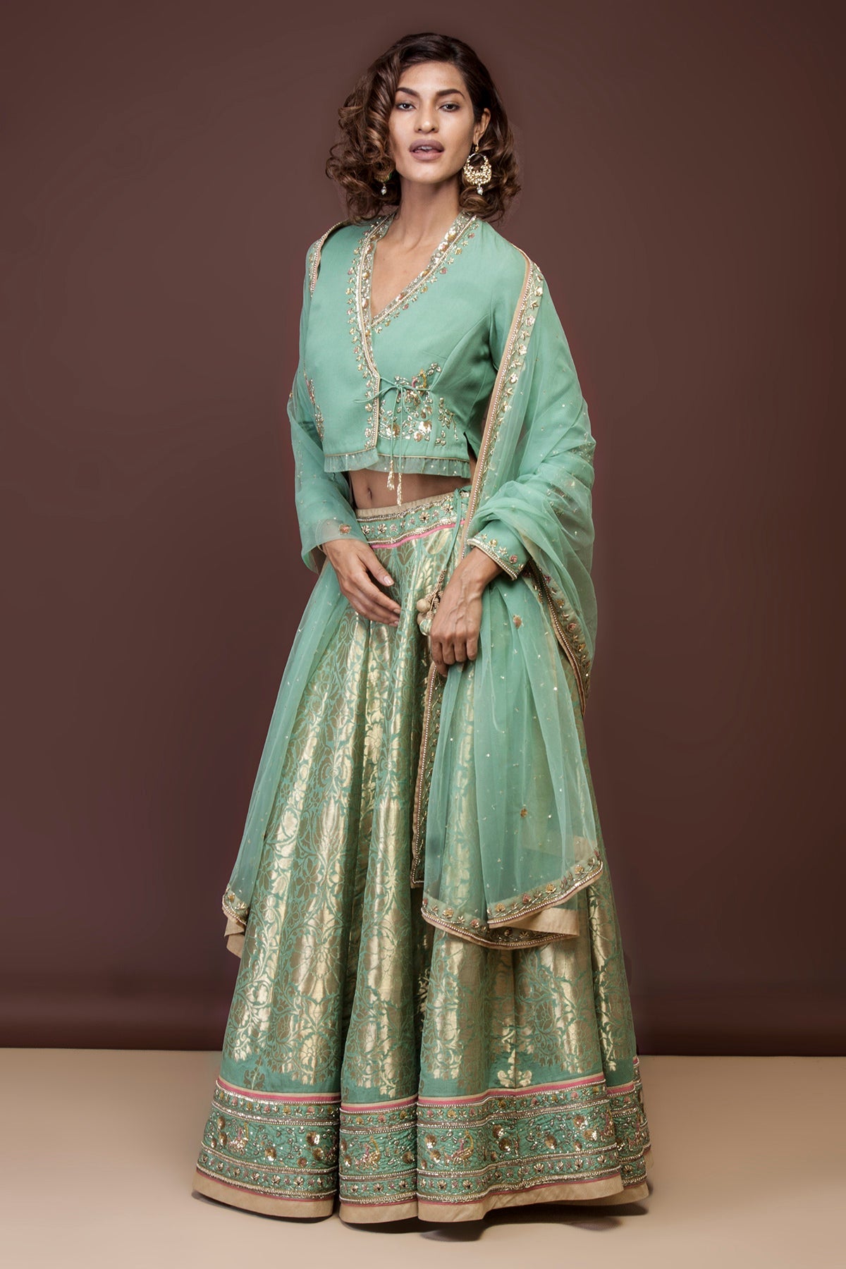 Handwoven and Embroidered Mint Green Georgette Lehenga