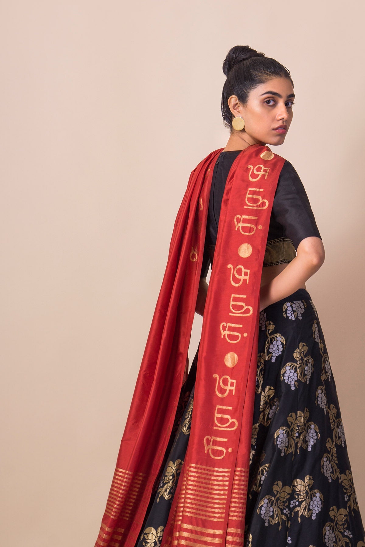 Handwoven Black Silk Lehenga Set with Cherry Blossom Motifs