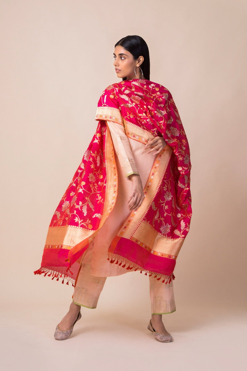 Handwoven Ruby Pink Silk Dupatta
