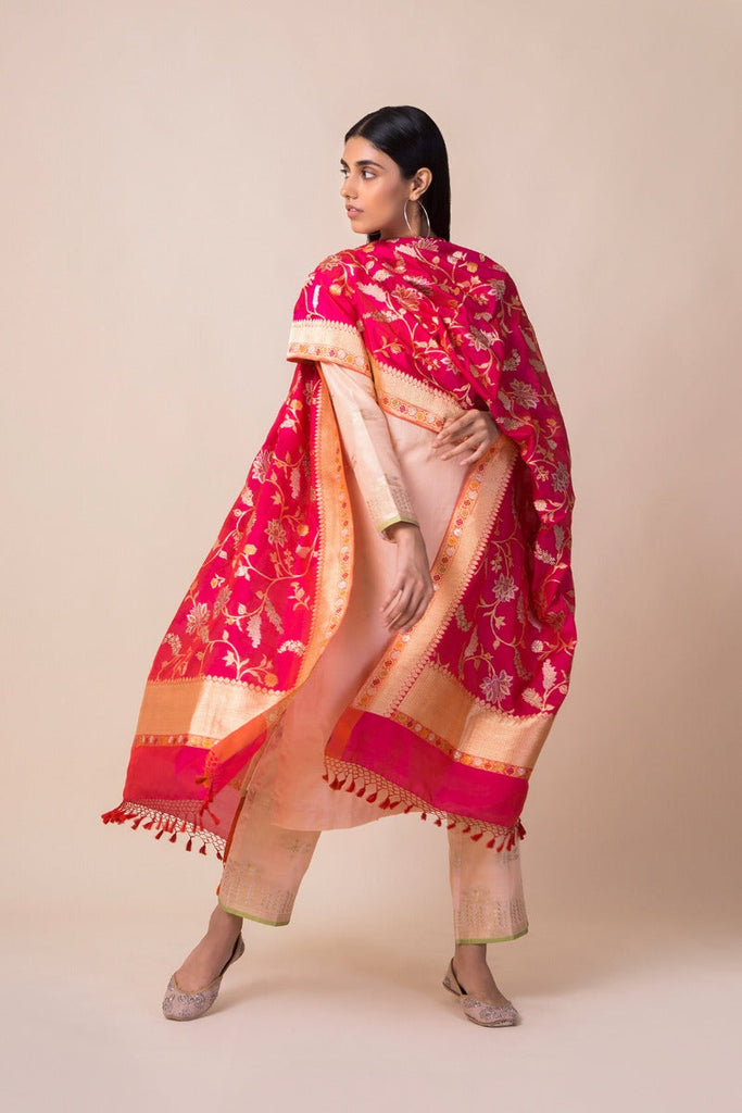 Handwoven Ruby Pink Silk Dupatta