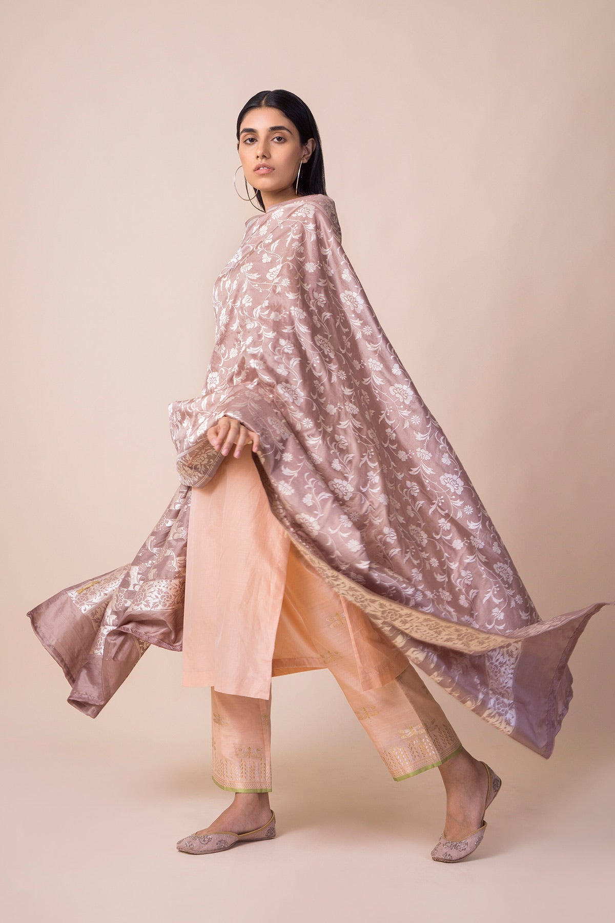 Handwoven Parsi Gara Sand Grey Silk Dupatta By Ashdeen L. For Ekaya