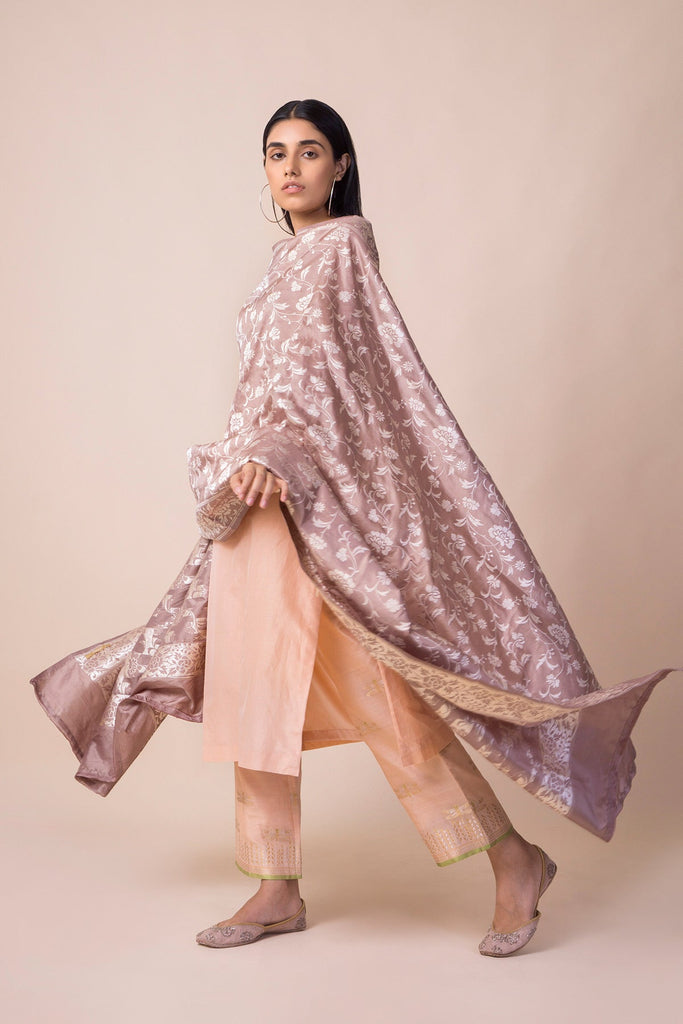 Handwoven Parsi Gara Sand Grey Silk Dupatta By Ashdeen L. For Ekaya