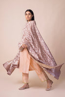 Handwoven Parsi Gara Sand Grey Silk Dupatta By Ashdeen L. For Ekaya