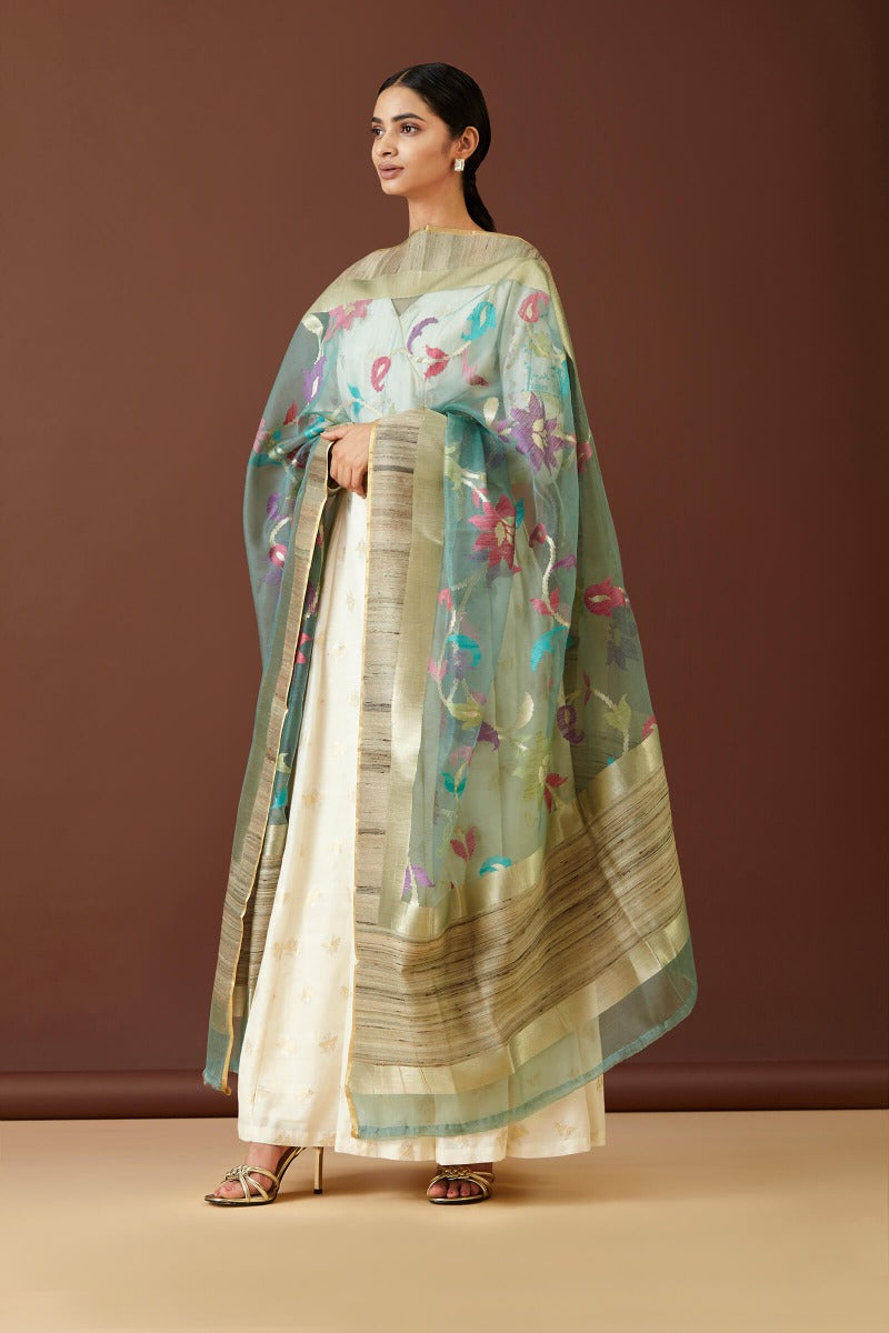 Handwoven Blue Net Dupatta with Meenakari Jal