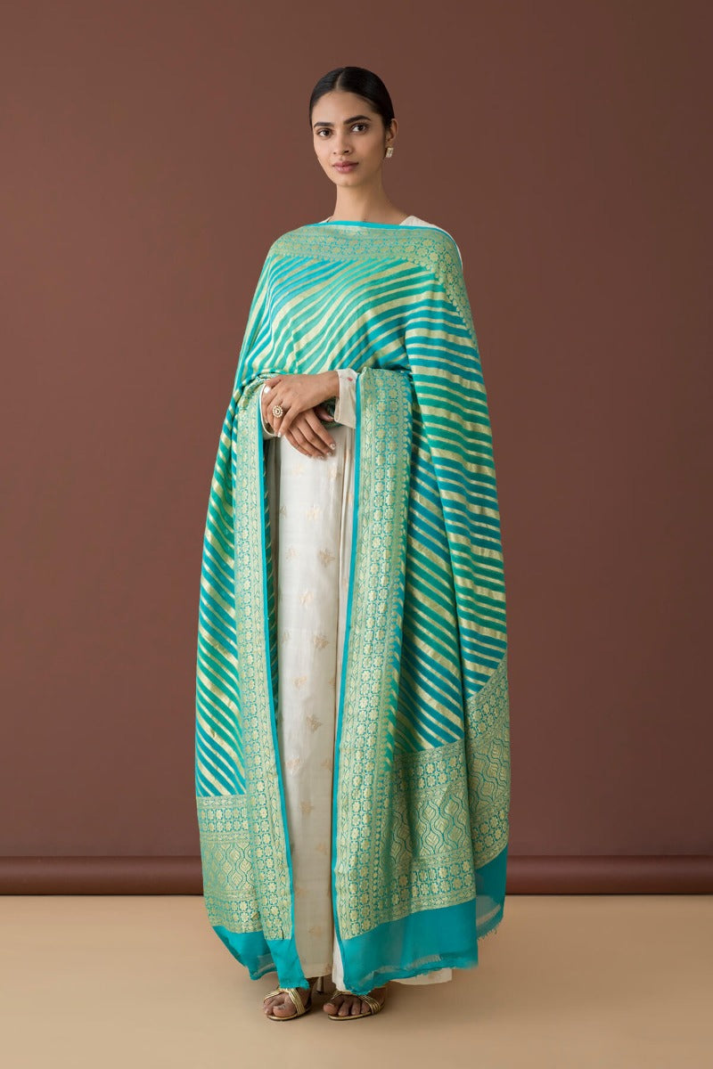 Handwoven Green and Blue Striped Georgette Dupatta