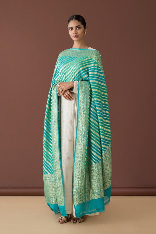 Handwoven Green and Blue Striped Georgette Dupatta