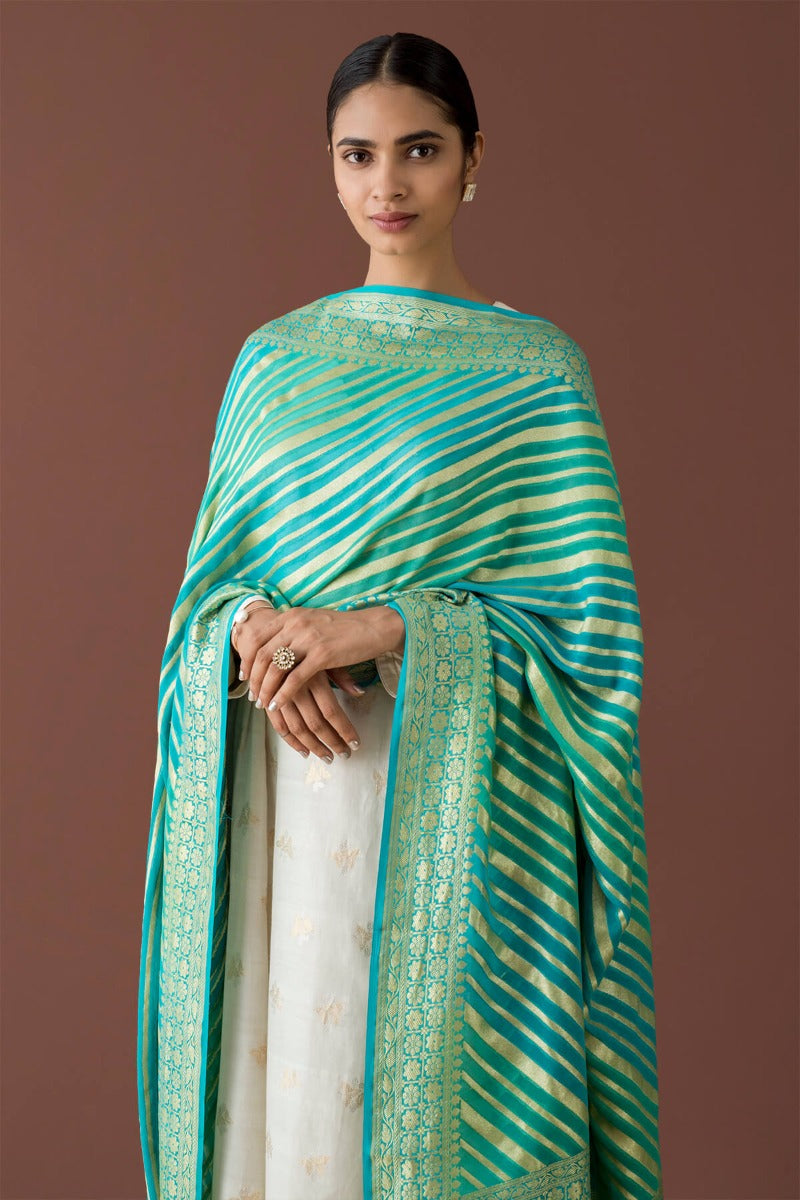 Handwoven Green and Blue Striped Georgette Dupatta