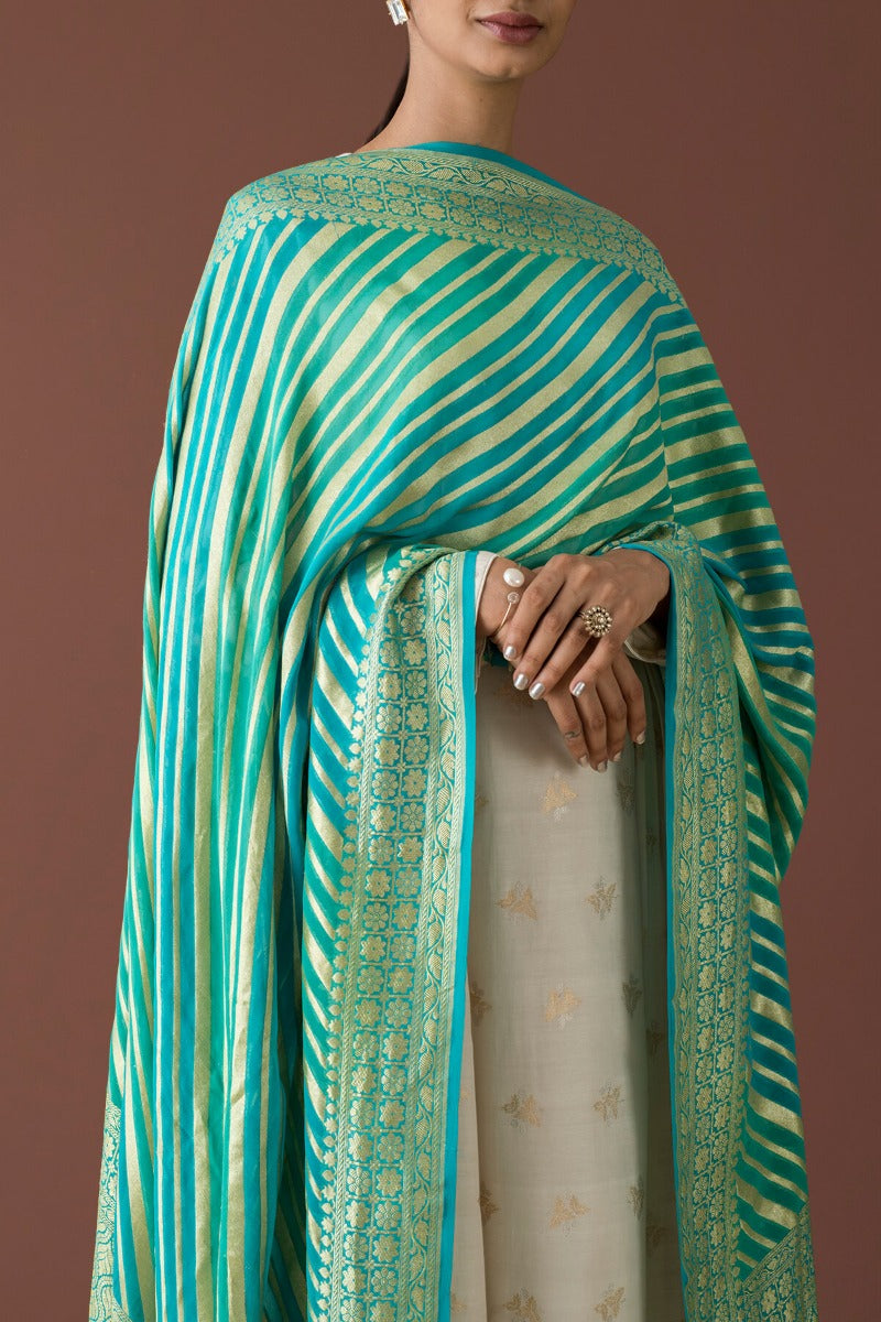 Handwoven Green and Blue Striped Georgette Dupatta