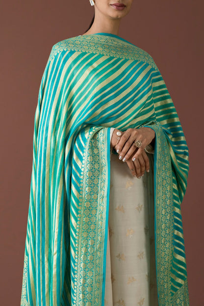 Handwoven Green and Blue Striped Georgette Dupatta