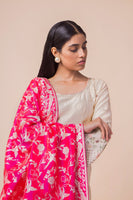 Handwoven Parsi Gara Hot Pink Silk Dupatta By Ashdeen L. For Ekaya