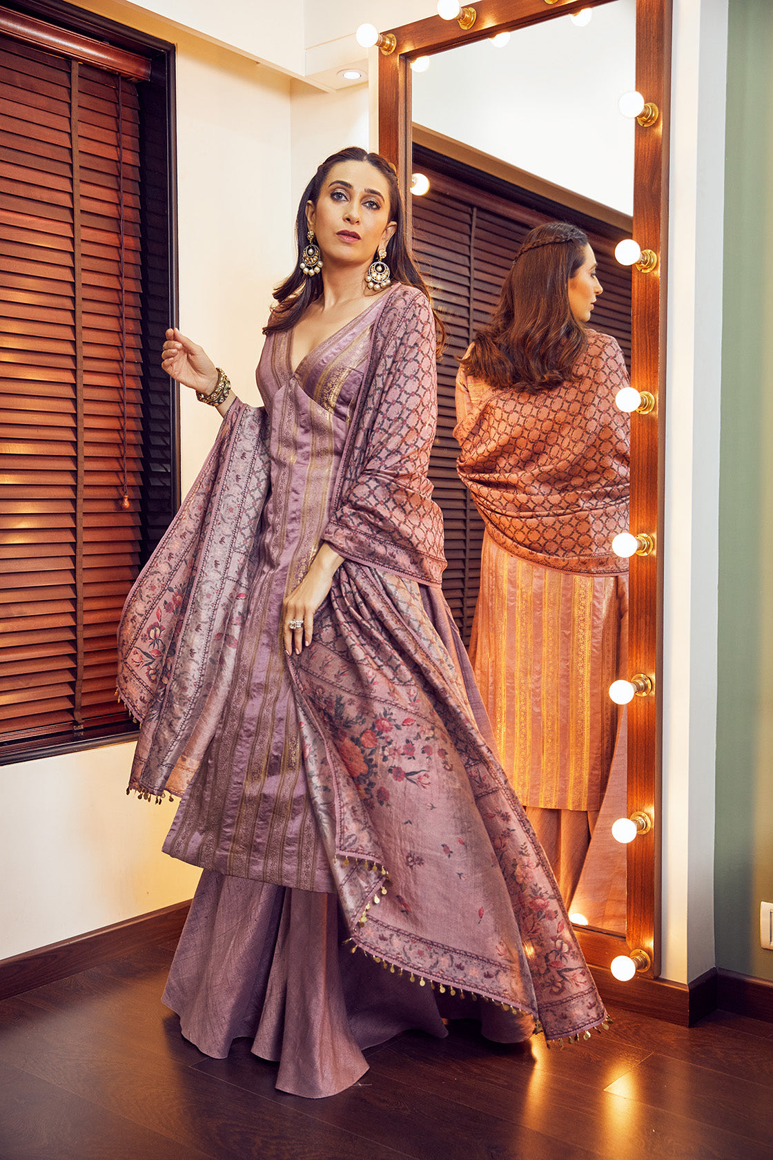 Karisma Kapoor in Handwoven Lavender Silk Kurta And Palazzo Set