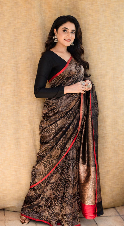Priyanka Mohan in Handwoven Black Satin Silk Saree