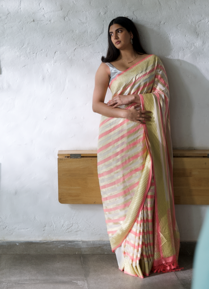 Handwoven Pink Georgette Sari